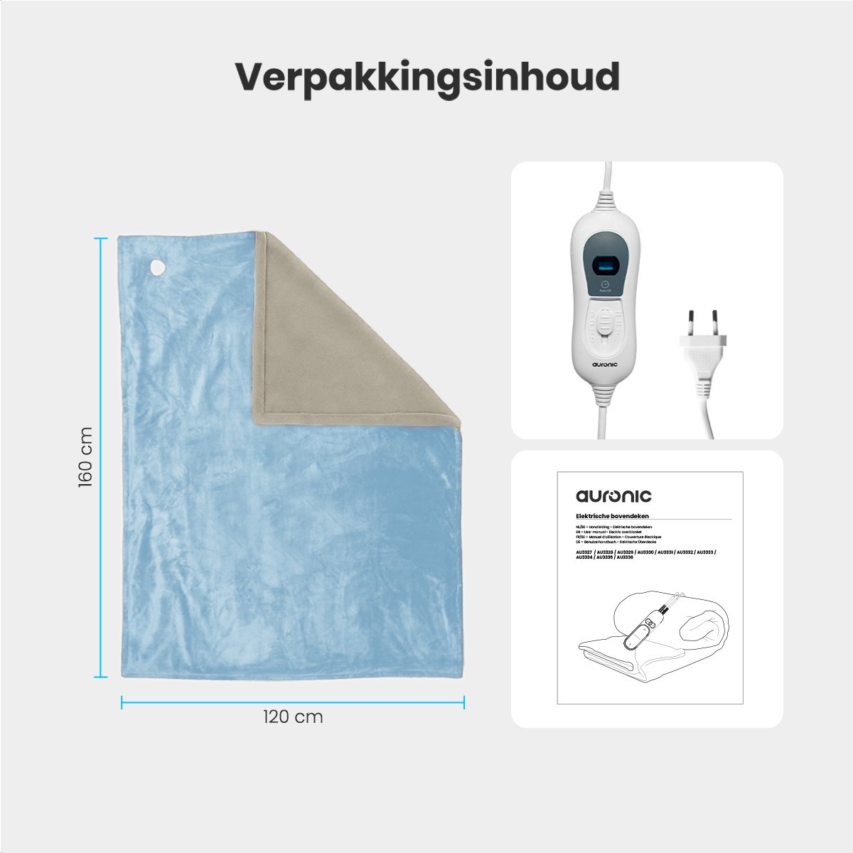 Auronic Elektrische Deken - 160 x 120 cm - 1 Persoons Warmtedeken - 3 Warmtestanden met Timer - Verwarmingsdeken - Lichtblauw – foto 7