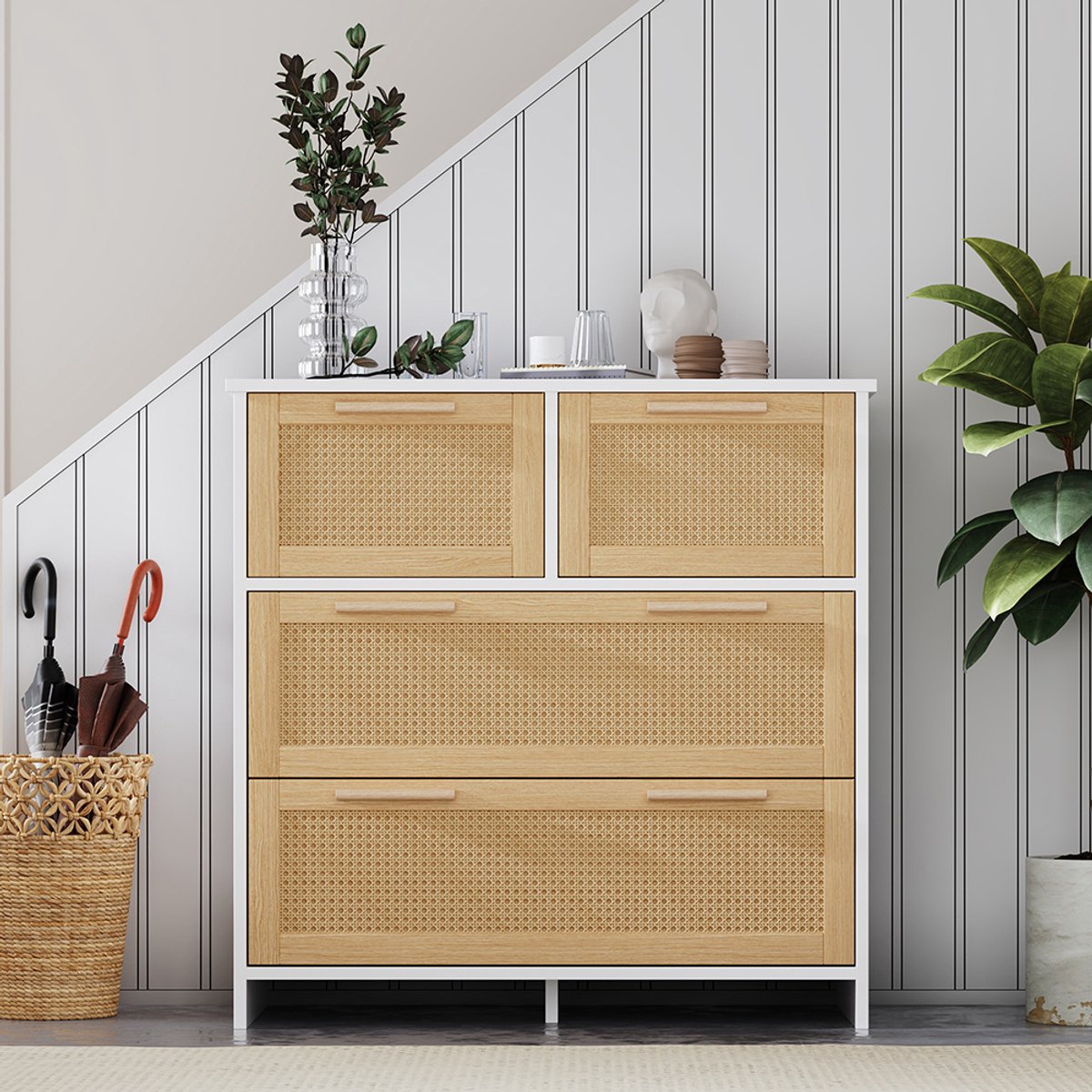 Komhtom Hoogwaardige rotan kast met 4 laden en handgrepen van massief hout - Geschikt voor de slaapkamer, woonkamer, eetkamer, gang - Afmetingen: L80/H80/D38 cm