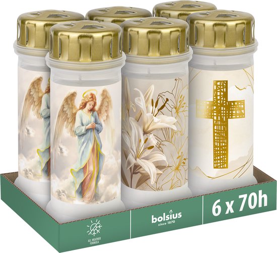 Bolsius - Herdenkingslicht - Wit met Engel Kruis Lelie - 6 stuks