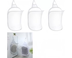 3 stuks - Opvouwbare wasmand voor aan de muur - Hangende wasmand - Wasmand van gaas - Ademend - Met handgrepen - Wit - Voor kleding en speelgoed - Geschikt voor badkamers, camping en hotels