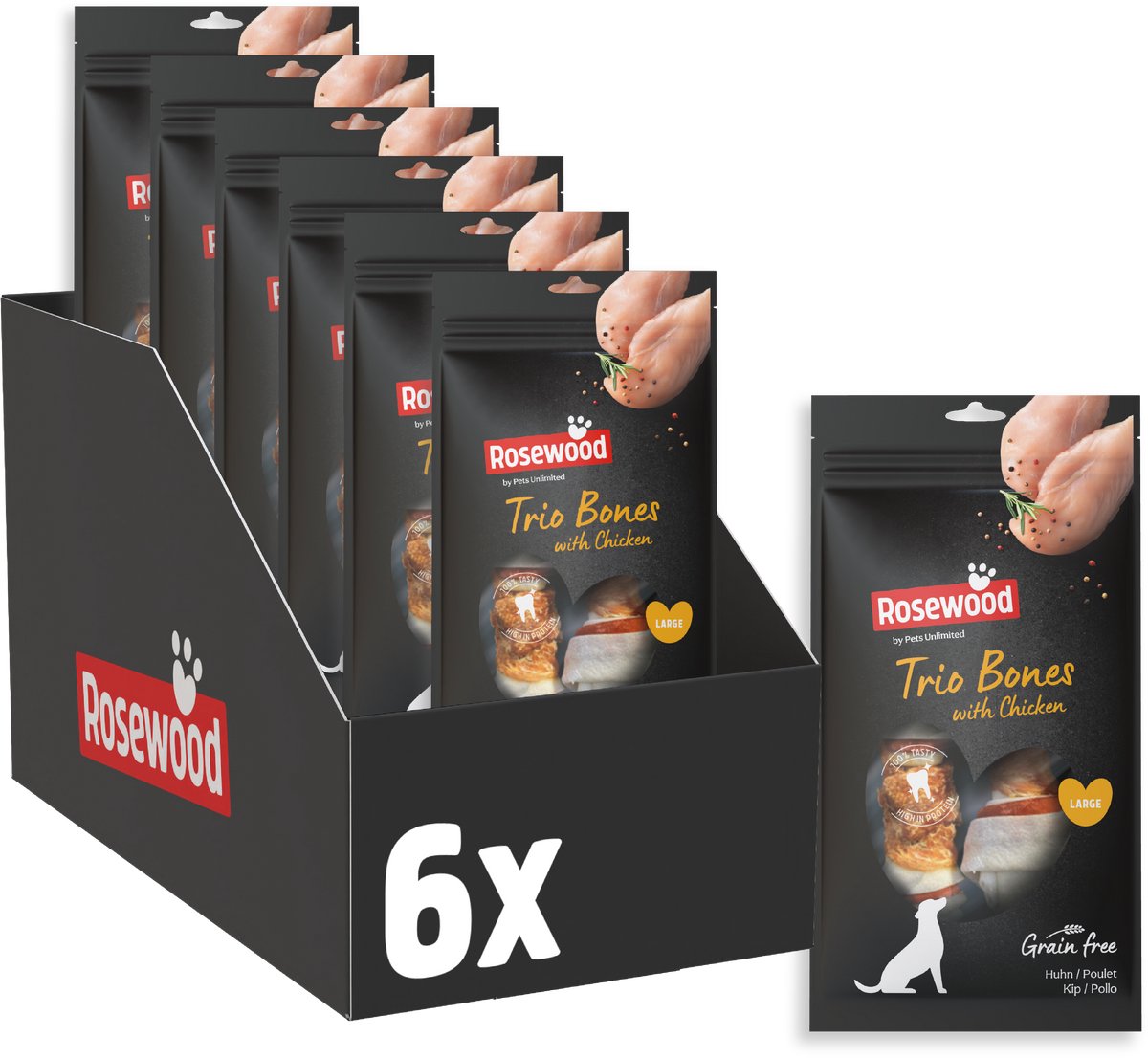 Rosewood Trio Bones Kip - Kauwbotten voor Grote Honden - Met Kip & Runderhuid - Graanvrij - Zonder Kunstmatige Toevoegingen - 90g x 6 zakjes