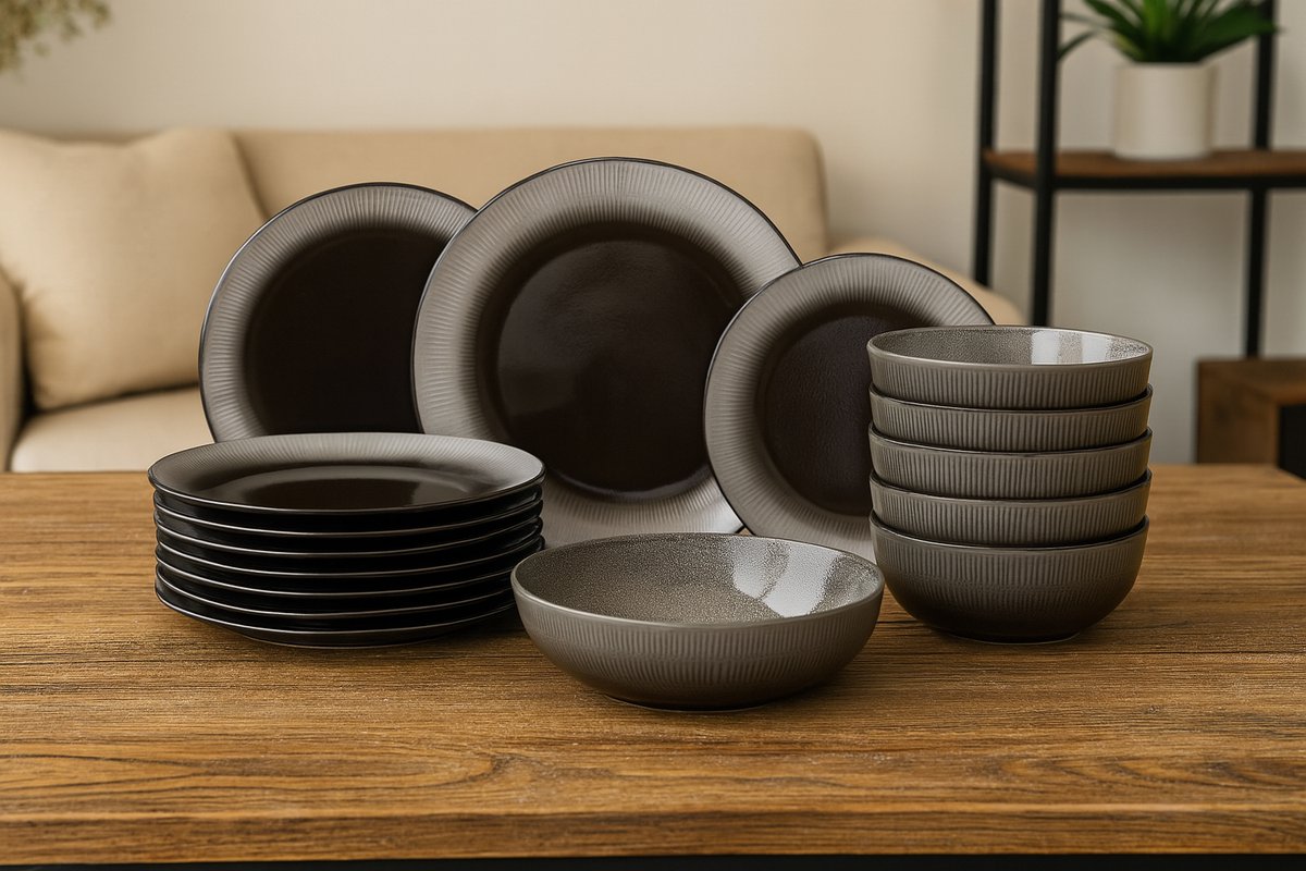 Fameilleur Zwart Serviesset 18-delig – Handgemaakt Servies Steengoed – Luxe Bordenset 6 Personen – Dinerborden Ontbijtborden Kommen – Vaatwasser Magnetron Oven Geschikt – Modern Zwart Aardewerk Servies - bord - servies - borden set - serviesgoed- set
