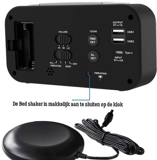 Wekker avec oreiller vibrant (secoueur de lit), double chargeur USB et affichage avec de grands chiffres
