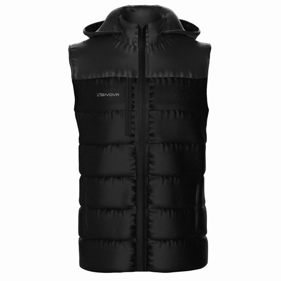 Zwarte capuchon bodywarmer van GIVOVA met horizontale quilting en een borstzakje.