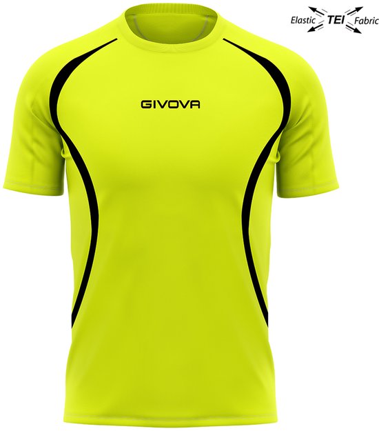 Felgeel sportshirt met zwarte biezen op de schouders en zijkanten. GIVOVA logo op de borst.