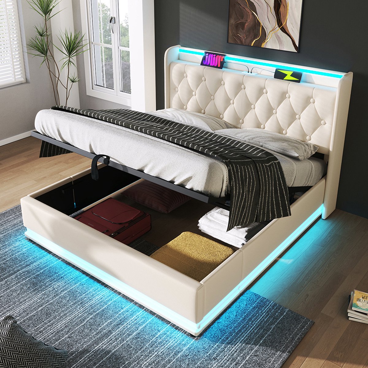 Pugsdrly Gestoffeerd bed tweepersoonsbed, 360° surround LED-functie, drukknop/app/afstandsbediening, 140*200 cm, wit PU-materiaal Hydraulisch opbergbed, gestoffeerd hoofdeinde met USB type C-oplaadfunctie (zonder matras)