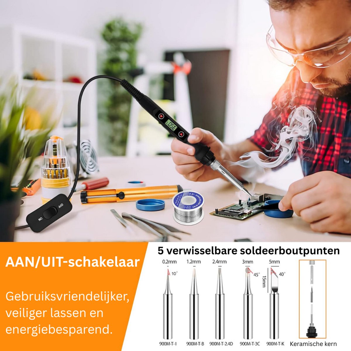 Soldeerbout Set - Elektrisch Gereedschap - Veelzijdig Repareren - Instelbare Temperatuur - 80 Watt - Geel – foto 7