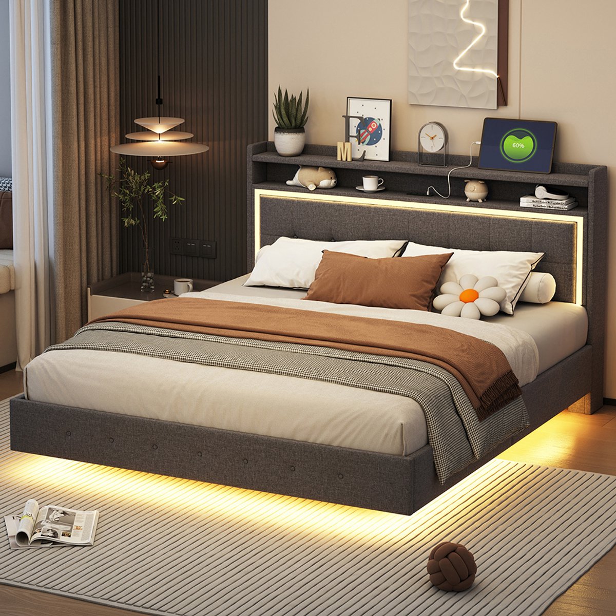 Pugsdrly Gestoffeerd bed 160*200, met USB-aansluiting en LED-verlichting, bed kan aan het hoofdeinde worden geplaatst, verborgen voeteneinde, tweepersoonsbed, linnenstof grijs