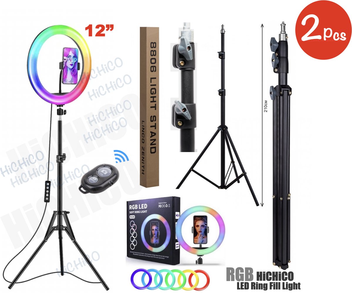 2Pcs Selfie LED Ring Lamp 33Cm Multicolour + Statief Camera 210 CM hoog Inclusief Bluetooth afstandsbediening en Telefoonhouder Selfie - lamp -Ringlamp - Statief - Tik tok - flitser – Make up light – Studiolamp – Ring Light van HiCHiCO