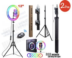 2Pcs Selfie LED Ring Lamp 33Cm Multicolour + Statief Camera 210 CM hoog Inclusief Bluetooth afstandsbediening en Telefoonhouder Selfie - lamp -Ringlamp - Statief - Tik tok - flitser – Make up light – Studiolamp – Ring Light van HiCHiCO