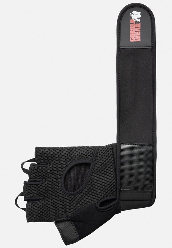 Zwarte fitnesshandschoen met polsband, mesh aan de buitenkant en Gorilla Wear logo.