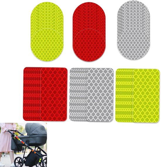 60 vellen - Reflecterende stickerset, zelfklevende reflecterende sticker, reflecterende waarschuwingssticker voor fietsen, kleding, helmen, motoren 8x3cm/5x5cm (geel, rood, wit)