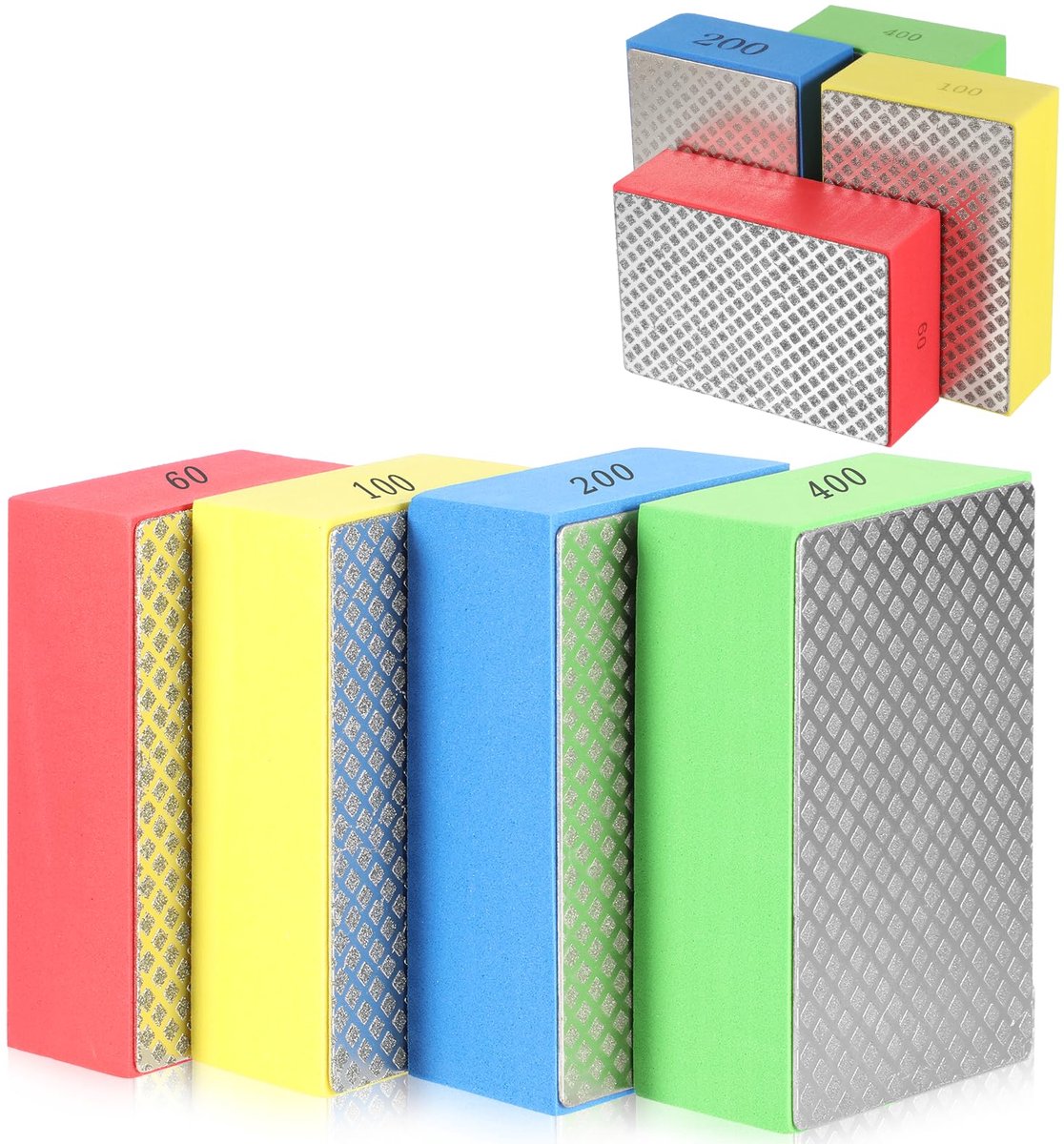 JeiibrZui Schuurblokken Set - 90x70x20 mm - 4 Stuk - Tegelschuurblok met korrel 60-400 voor nat/droog schuren - Tegels & Steen