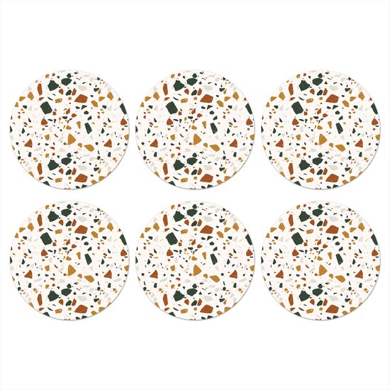 Sous-verres de verre - Rond - Terrazzo - Motif - Wit - Terra - 10x10 cm - Dessous de verre - 6 pièces