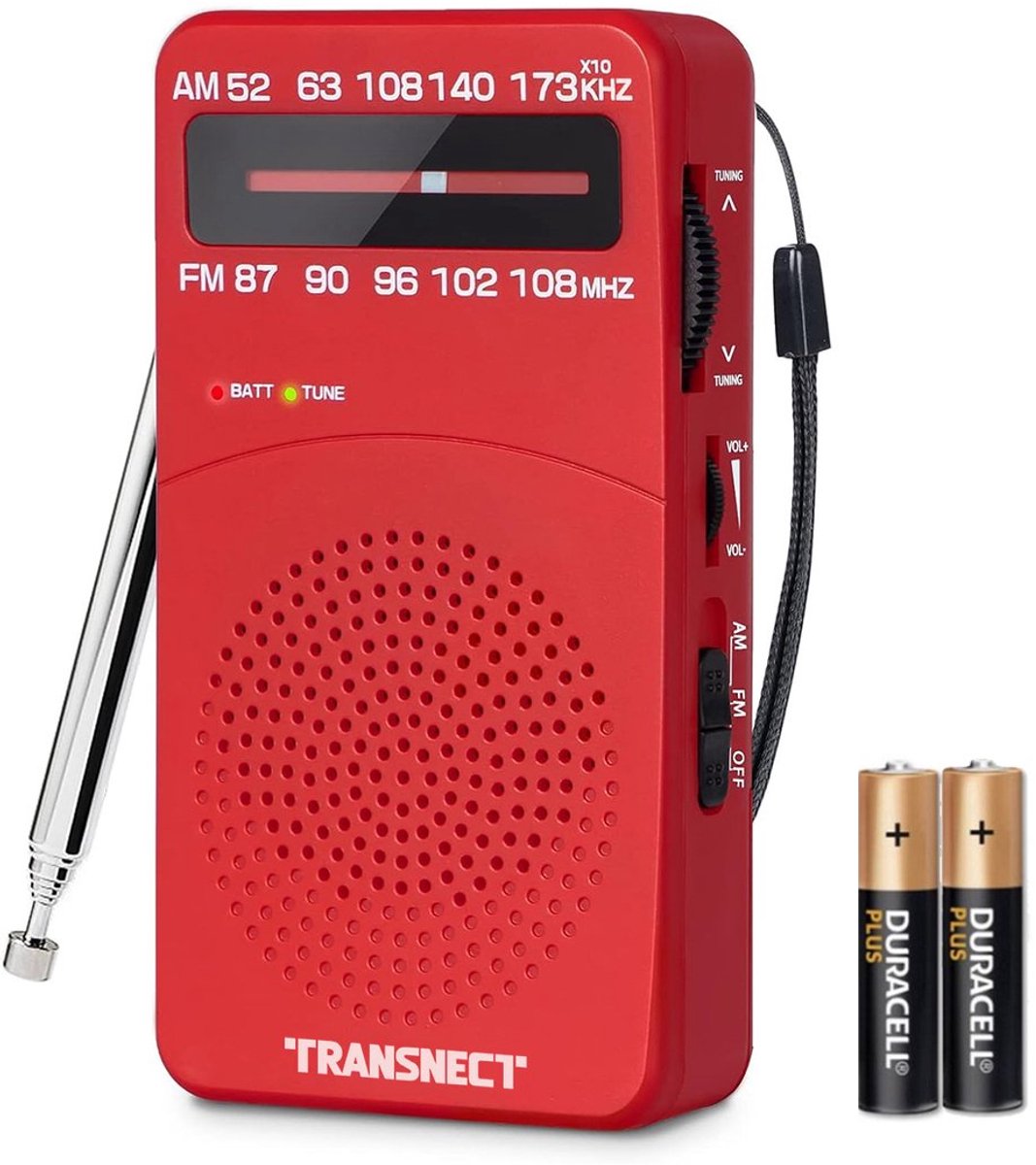 TRANSNECT® - Draagbare Noodradio - Rood - AM/FM - Op Batterijen - Koptelefoonaansluiting - Draagbare Radio - Wereldradio - Noodpakket Must Have - Zakradio - Voor Rampen - Kleine - Transistor Radio - Telescopische Antenne