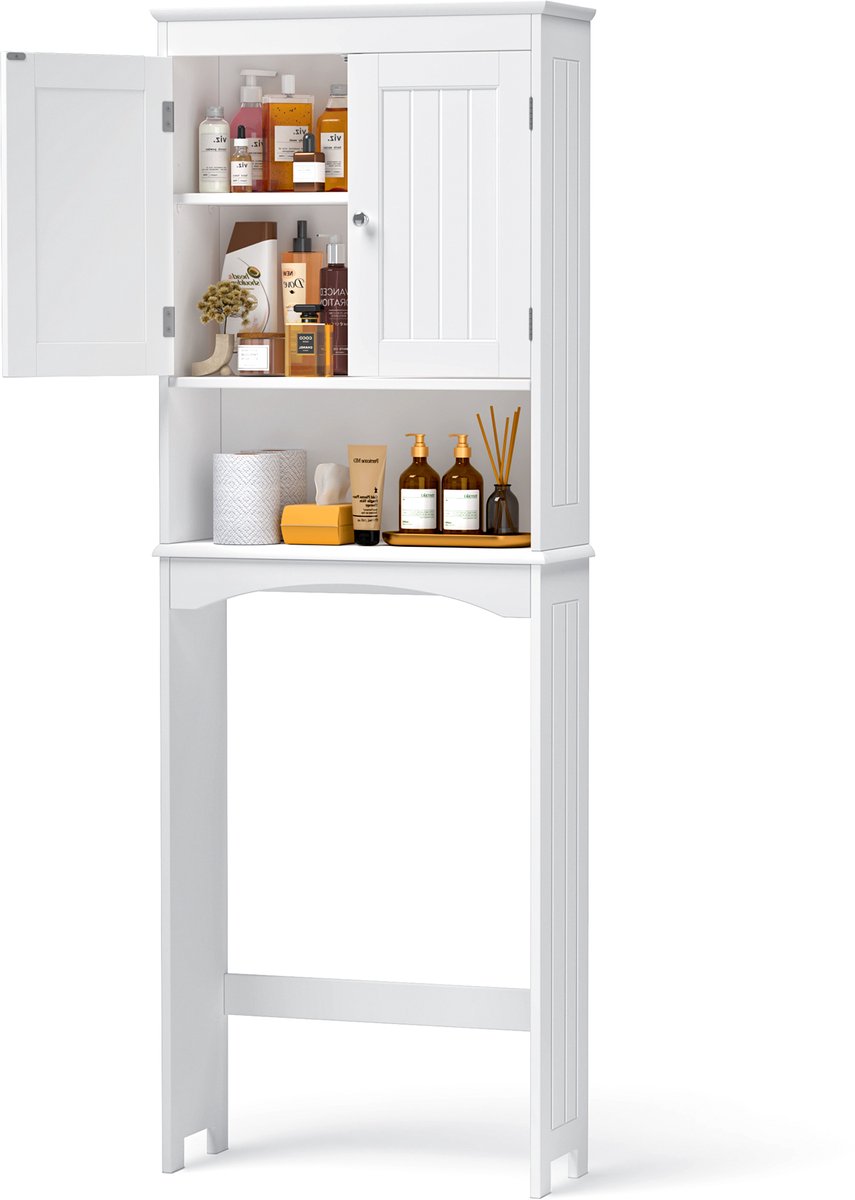 Xbro Badkamerkast, Vrijstaande WC-houder voor boven het Toilet, met Deuren en Verstelbare Planken, Waterbestendig MDF, 60 x 24 x 168 cm, Modern Ontwerp, Wit