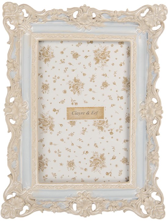Cadre photo blanc orné avec motif floral bleu clair et texte 'Clayre & Eef'.