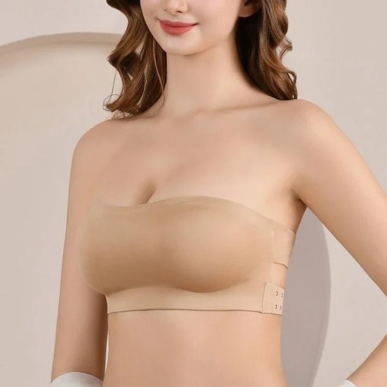 Strapless BH - Bandeau BH - Met Zijsluiting - BH Zonder Bandjes - Met Uitneembare Vulling - Pushup BH - Beige - Maat M