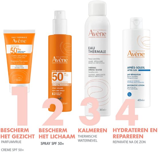 Drie Avène producten: zonnecrème 50ml, zonnenspray 200ml, thermale water 300ml en herstellotion 400ml.