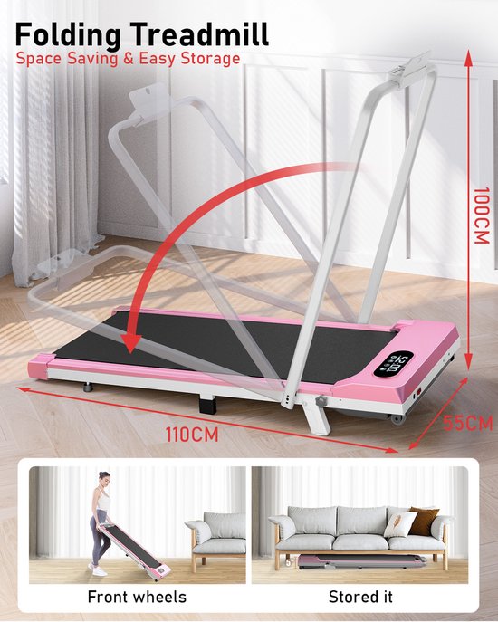 Loopband Met 7% helling - Inklapbaar loopband Elektrisch met armleuningen, 1-8 km/u - met afstandsbediening en LCD-display - Walkingpad - Treadmill - Roze