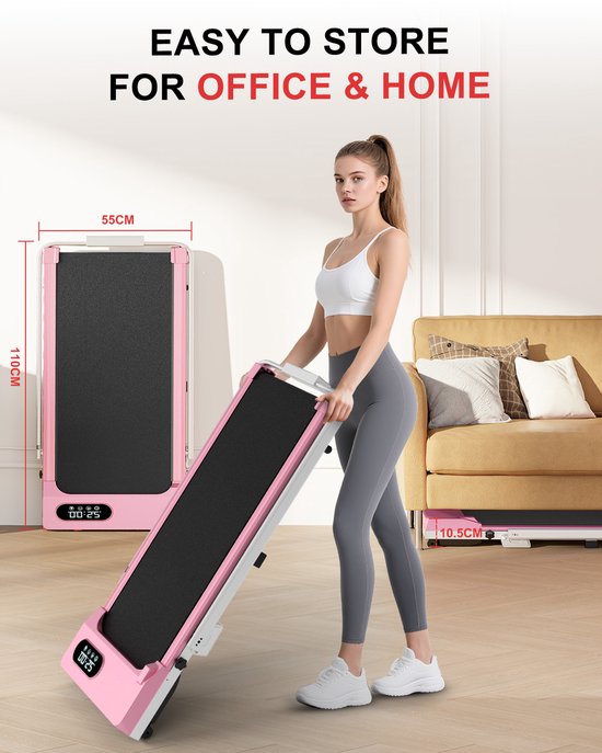 Loopband Met 7% helling - Inklapbaar loopband Elektrisch met armleuningen, 1-8 km/u - met afstandsbediening en LCD-display - Walkingpad - Treadmill - Roze
