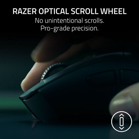 Close-up: Razer optisch scrollwiel op zwarte gaming muis. Tekst: No unintentional scrolls. Pro-grade precision.