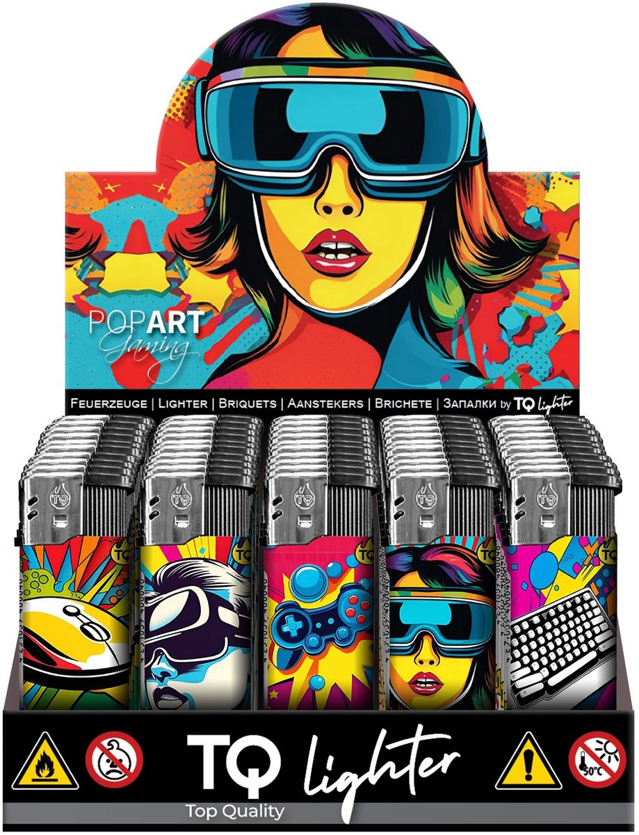Elektronische aansteker hervulbaar - Design Pop Art Gaming - Display 50 stuks - wegwerpaansteker - electronic lighter - klik aanstekers