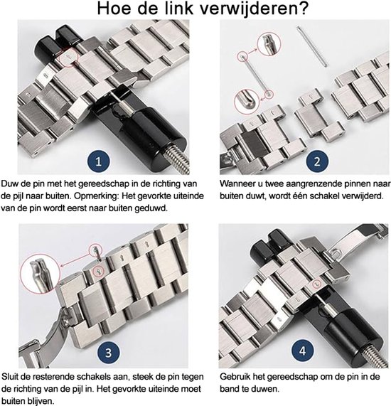 Vier stappen met illustraties om te laten zien hoe je schakels van een horlogeband verwijdert.