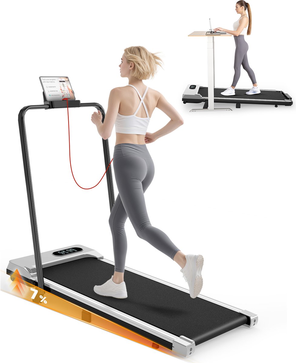 Afbeelding 2 van Loopband Met 7% helling - Inklapbaar loopband Elektrisch met armleuningen, 1-8 km/u - met afstandsbediening en LCD-display - Walkingpad - Treadmill - Zilver