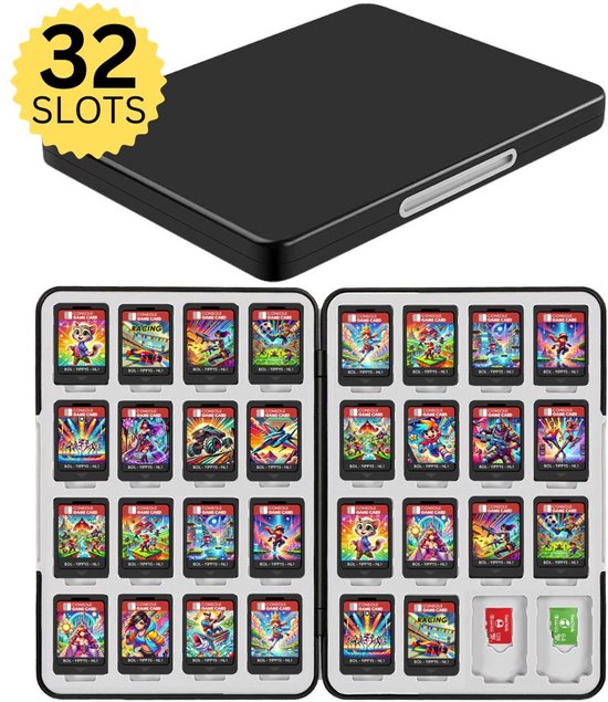Zwarte Nintendo Switch gamecase met 32 slots, open om de vele gamekaarten en 2 SD-kaarten te tonen.