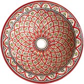 Marokkaanse waskom - Handgemaakte aardewerk opbouw-wasbak - Ø 40 cm - Bordeauxrood & wit design - Wastafel -