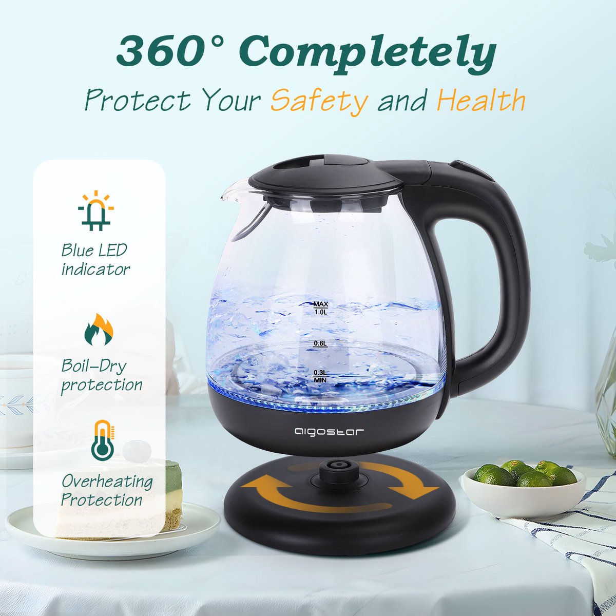 Aigostar Waterkoker glas 1 Liter - watekokers klein met LED - 360° draaibaar - Zwart - Elfin 30IAX — afbeelding 6