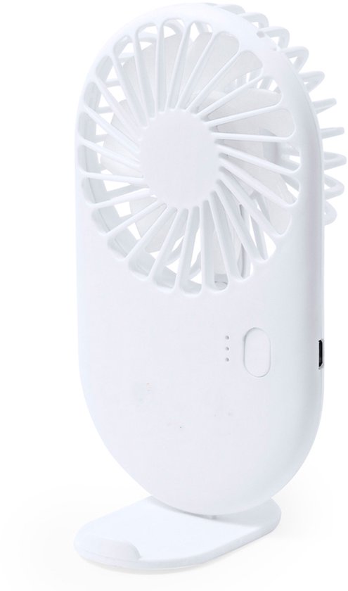 Mini ventilator met telefoonhouder, 3 snelheden, oplaadbaar, compact ABS wit, draagbaar 7x13x3 cm