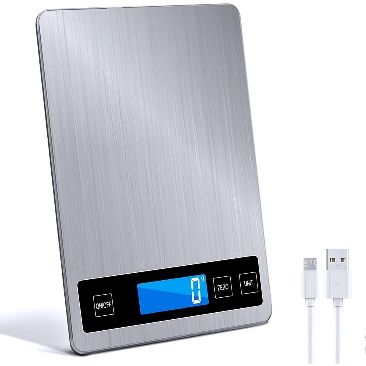EXCITAT Elektronische keukenweegschaal - met LCD-scherm - roestvrij staal - gehard glas - USB- en batterijgevoed - nauwkeurigheid tot 1 gram - maximaal weegvermogen 15 kg