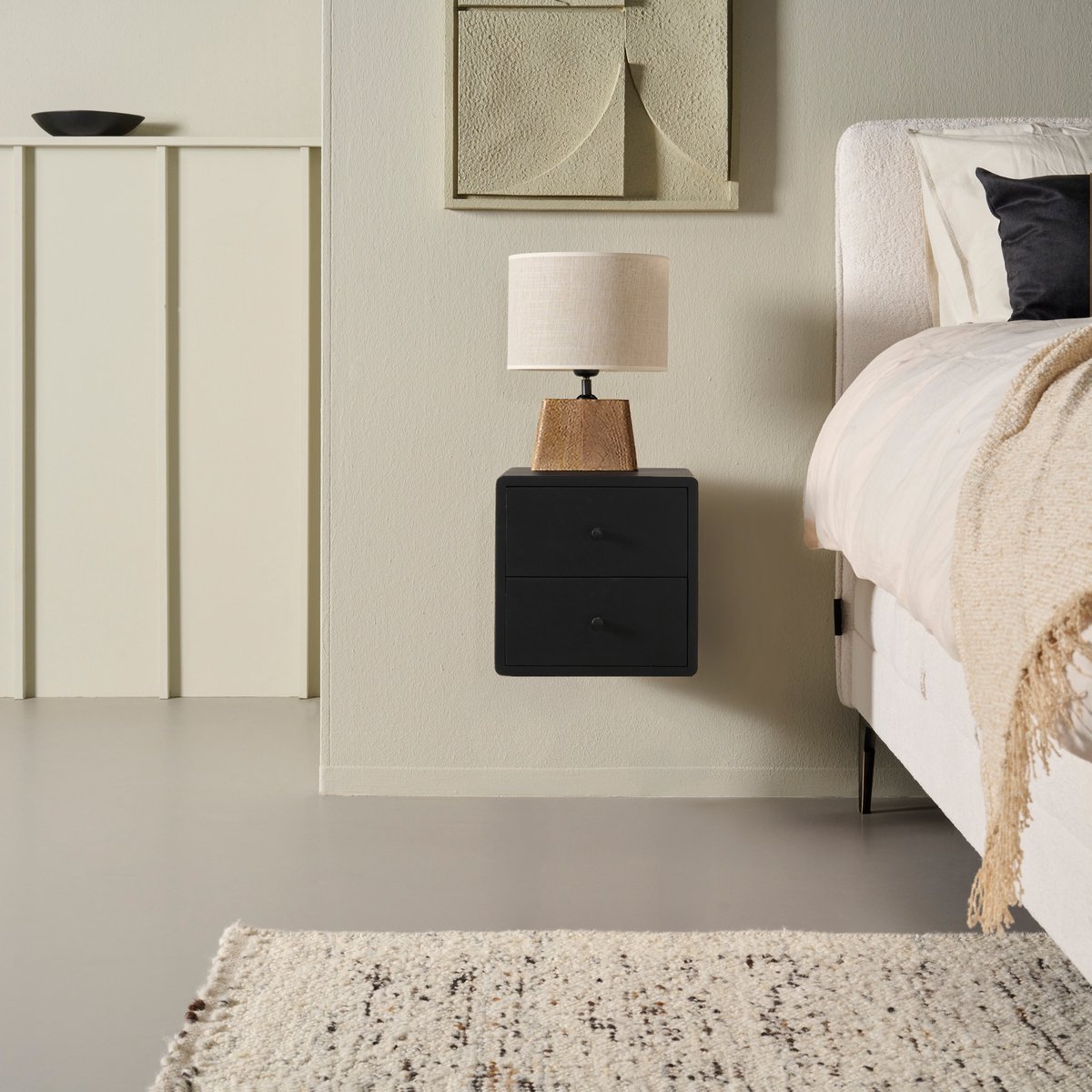 Zwevend Nachtkastje Borba - Mangohout - Zwart- 30x30x30 cm (BxHxD) - 2 Lades - Kleur Black - Wandmontage