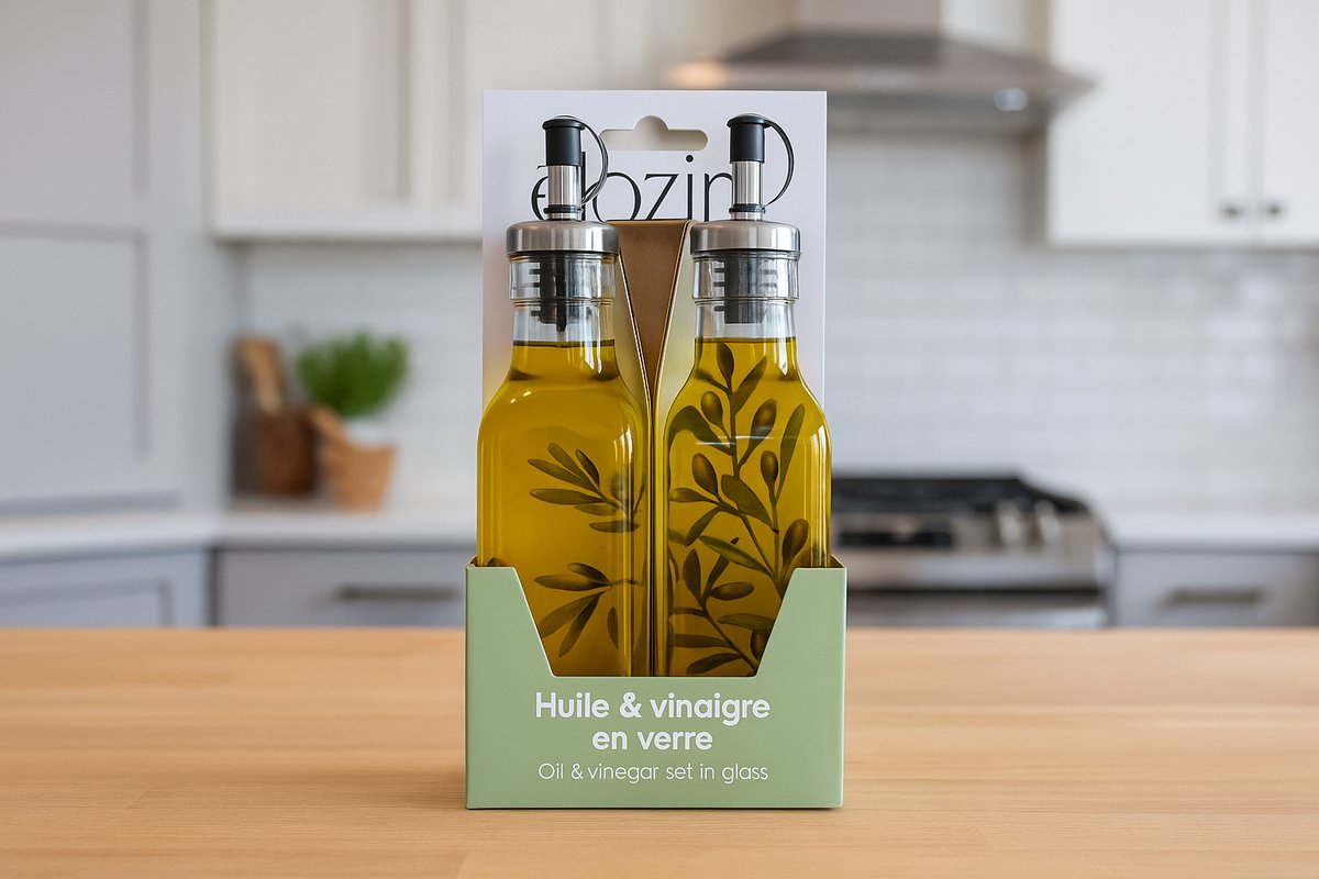 Glozini Olie- en Azijnfles Set – 2-delig Glas met Olijftak Design | Antidrup RVS Schenktuit | 500 ml