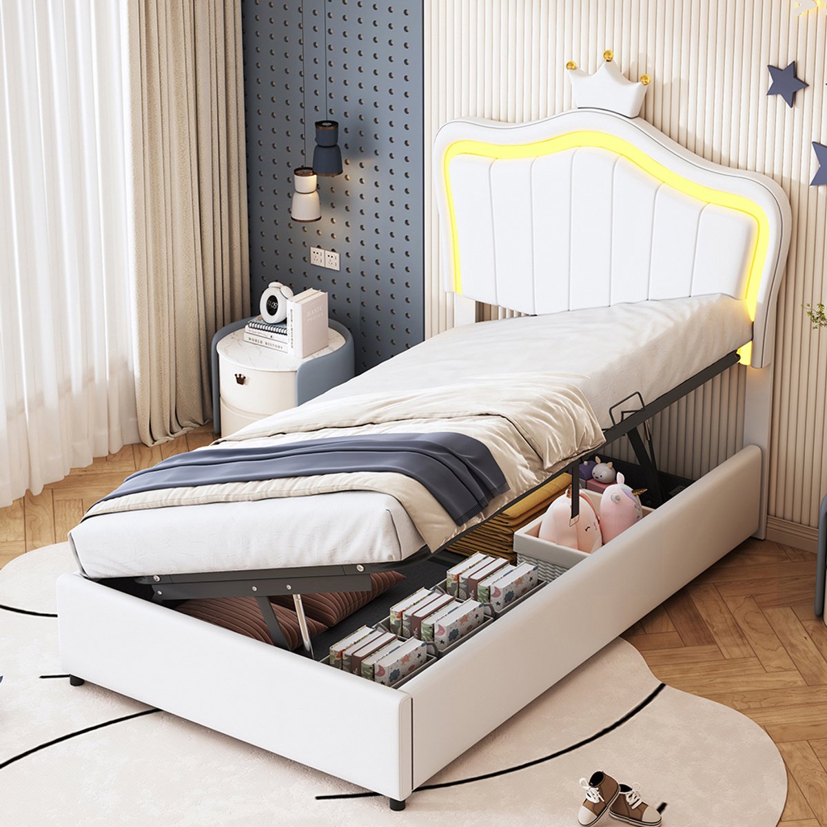 Pugsdrly Gestoffeerd kinderbed 90x200 cm, met kroonmotief, met led-verlichting, hydraulisch opbergbed, in hoogte verstelbaar hoofdeinde, hoogslaper met lattenbodem, kunstleer, wit