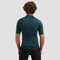 Donkergroen fietsshirt met korte mouwen, van achteren gezien, met drie achterzakken en een logo.