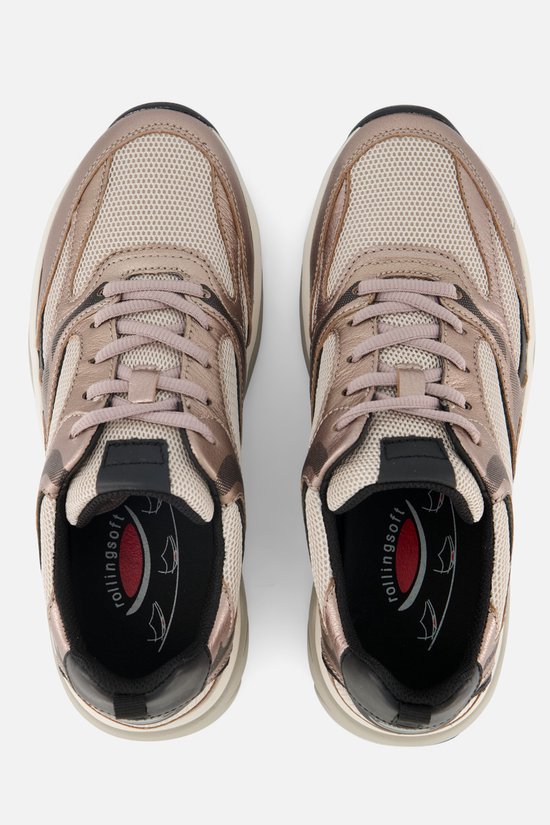 Bovenkant van grijze Gabor Rollingsoft sneakers met beige mesh en koperkleurige details.