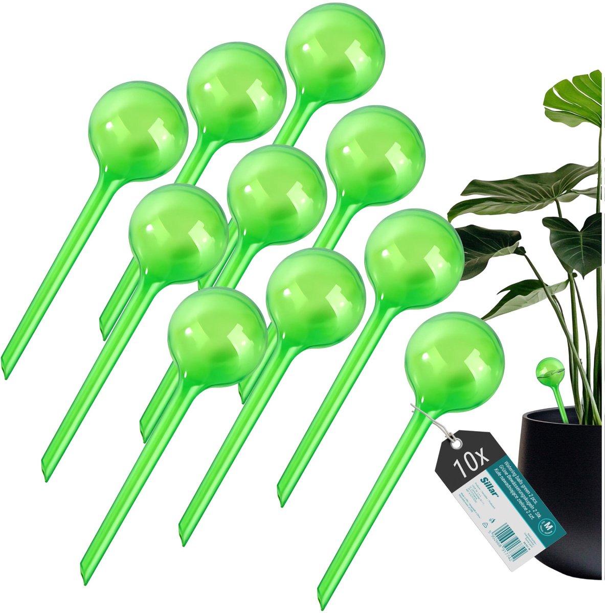 Sillar, waterdruppelaar voor planten, set 10 stucks, druppelsysteem, waterbol voor kamerplanten, 70ml, 12cm, M, groen