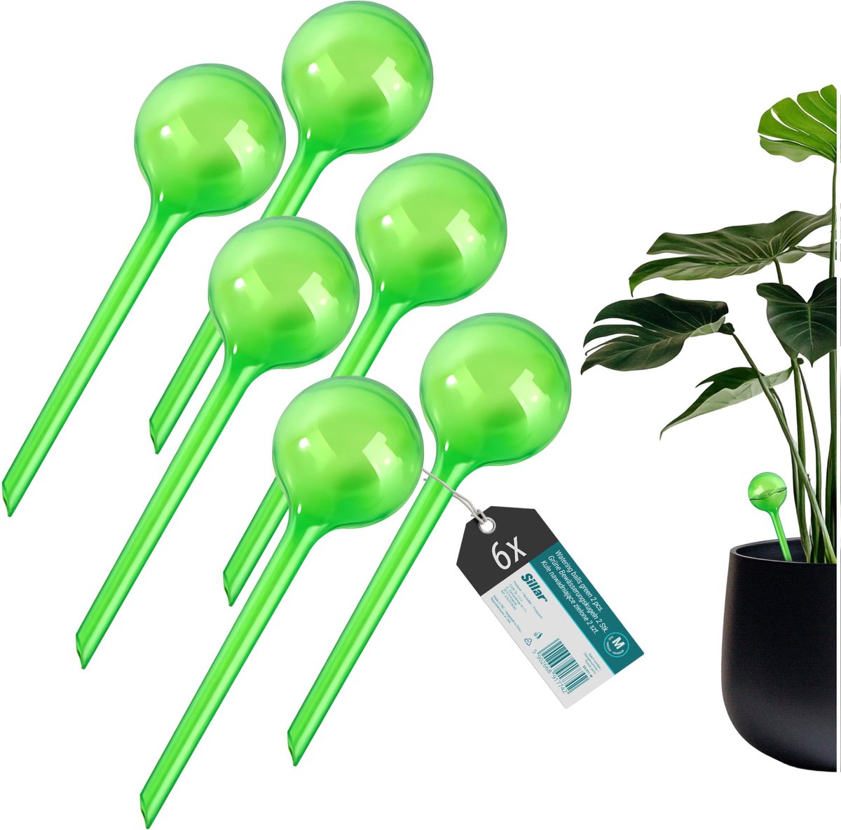 Sillar, waterdruppelaar voor planten, set 6 stucks, druppelsysteem, waterbol voor kamerplanten, 70ml, 12cm, M, groen