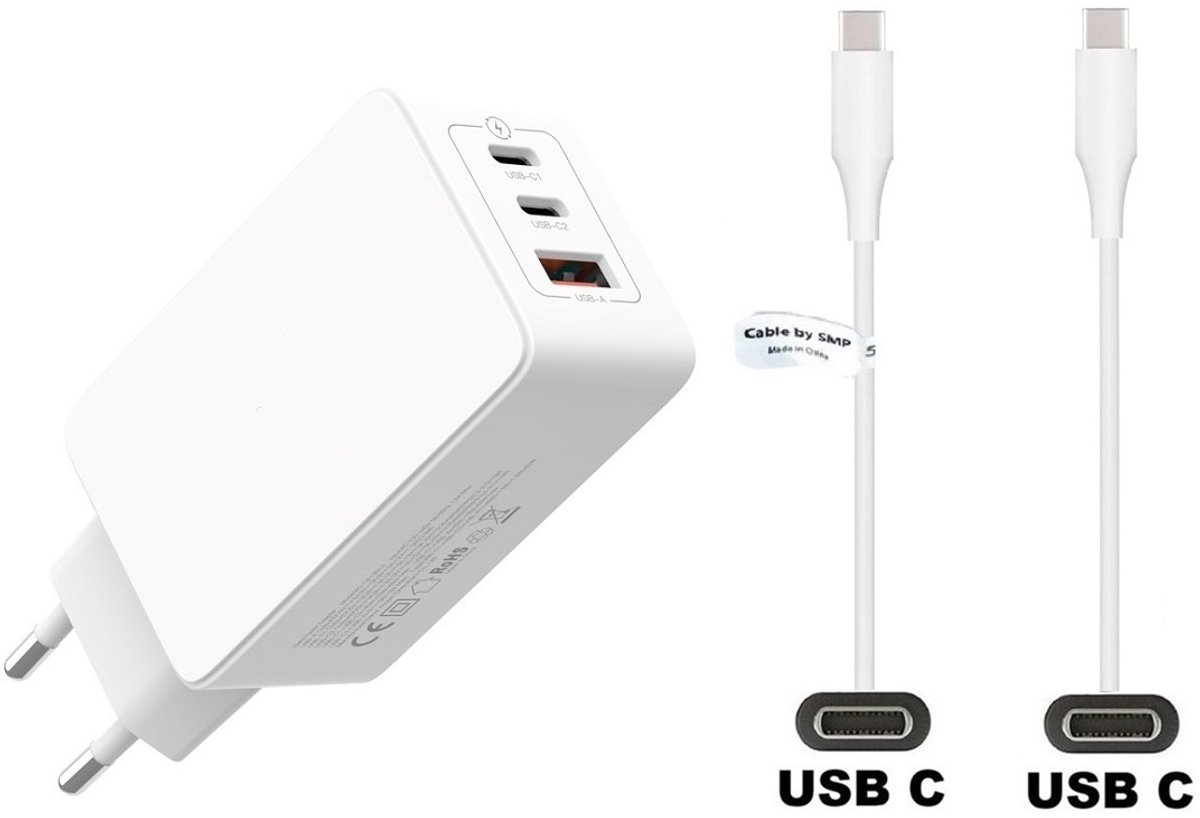 OneOne 50W super snellader met 3 poorten. Oplader met Sterke 0,8m OneOne USB C naar C kabel. PPS GAN PD lader adapter past op Apple iPhone 17, iPhone 17 Air, iPhone 17 Pro, iPhone 17 Ultra, iPhone 15 Pro, iPhone 15 Pro Max