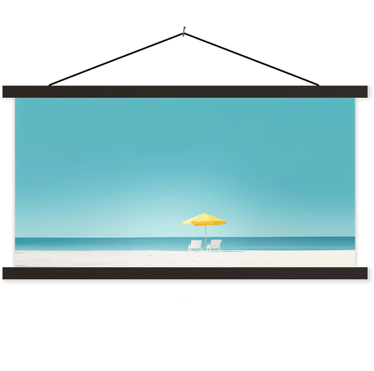 Posterhanger incl. Poster 150x75 cm - Schoolplaat - Strand - Blauwe lucht - Geel - Parasol