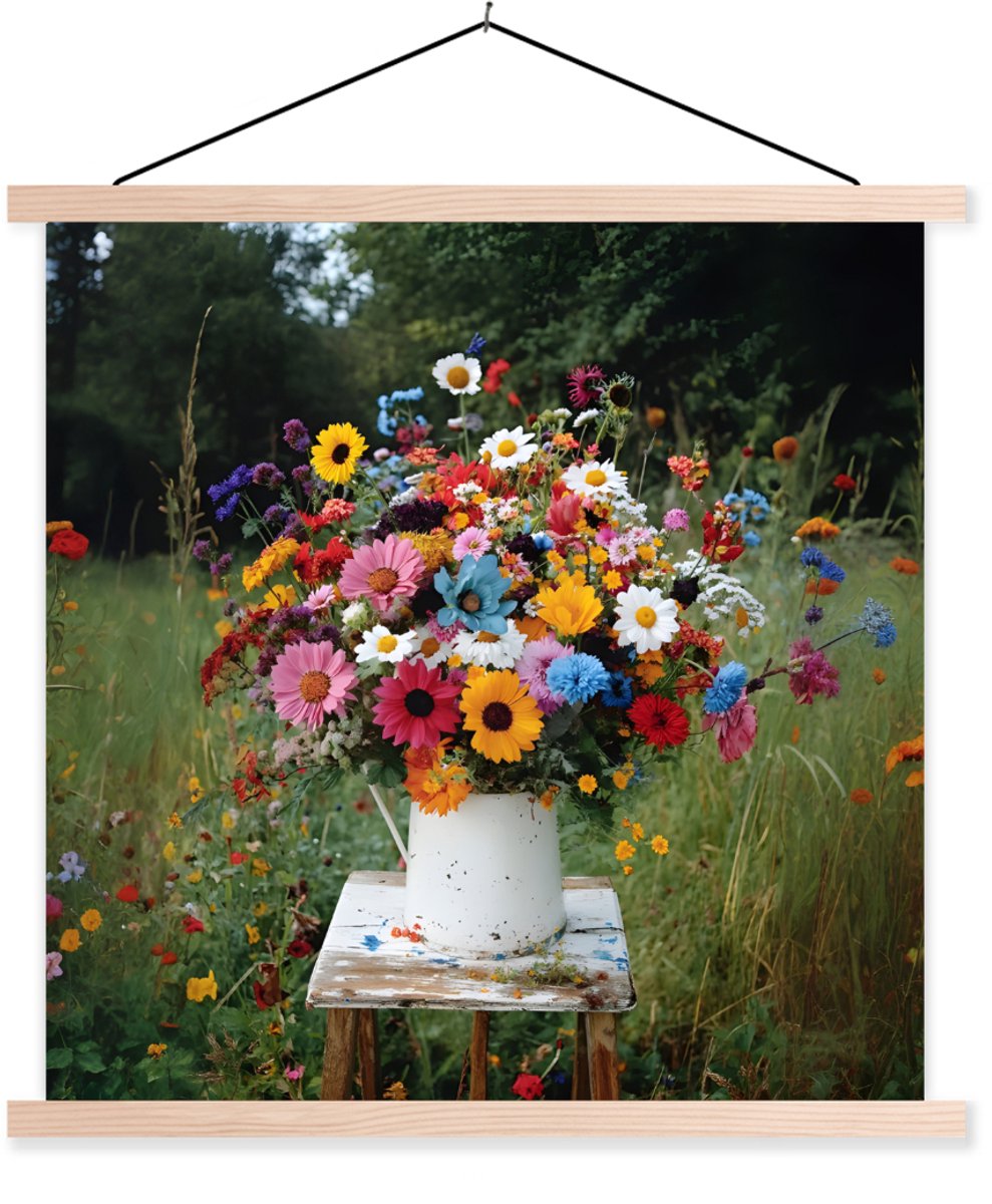 Posterhanger incl. Poster 120x120 cm - Schoolplaat - Bloemen - Krukje - Gieter - Veld - Te