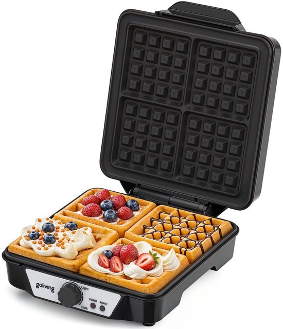 Goliving Wafelijzer - Wafelmaker voor 4 Wafels - 24 x 24 cm - Antiaanbaklaag - Temperatuur instelbaar - 1200W - Zwart