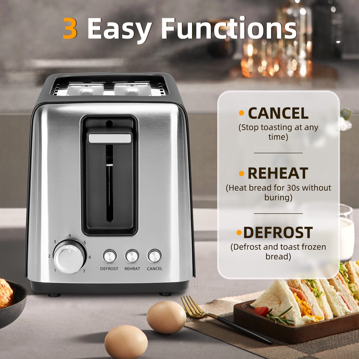Aigostar 30A49 Delish - Broodrooster - Toaster - 2 Extra Brede Sleuven - 7 Warmteniveaus - Met Externe Grill - Reheat en Ontdooi-functie - 750W - Zwart thumbnail 7
