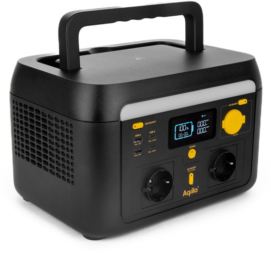 Aqiila Powerstation 1000 Watt, 614Wh | Draagbare Generator met LiFePO4 accu, 2x AC Pure Sinus, USB-C en USB-A, 12V autopoort | Mobiele stroomvoorziening voor Camping, Noodpakket | Power Station met LED-lamp en WiFi App-bediening