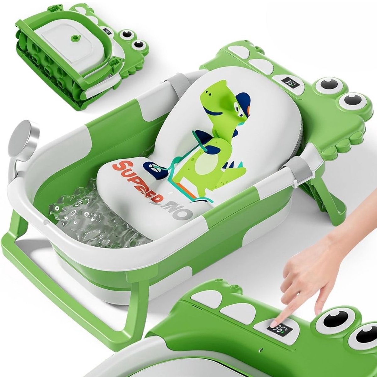 Thuys – Baby Badje met Standaard – Met Badkussentje En Ingebouwde Thermometer – 63 x 42 x 20cm – Appelgroen