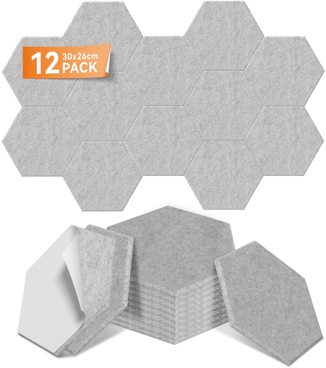 Pak Van 12 - Zeshoekige Zelfklevende Geluidsisolatiepanelen - 30 x 26 cm - Polyestervezel - Geluidsisolatie Wandpanelen - Akoestische Wandbekleding - Voor Studio, Kantoor En Slaapkamer - Grijs - NAIZY