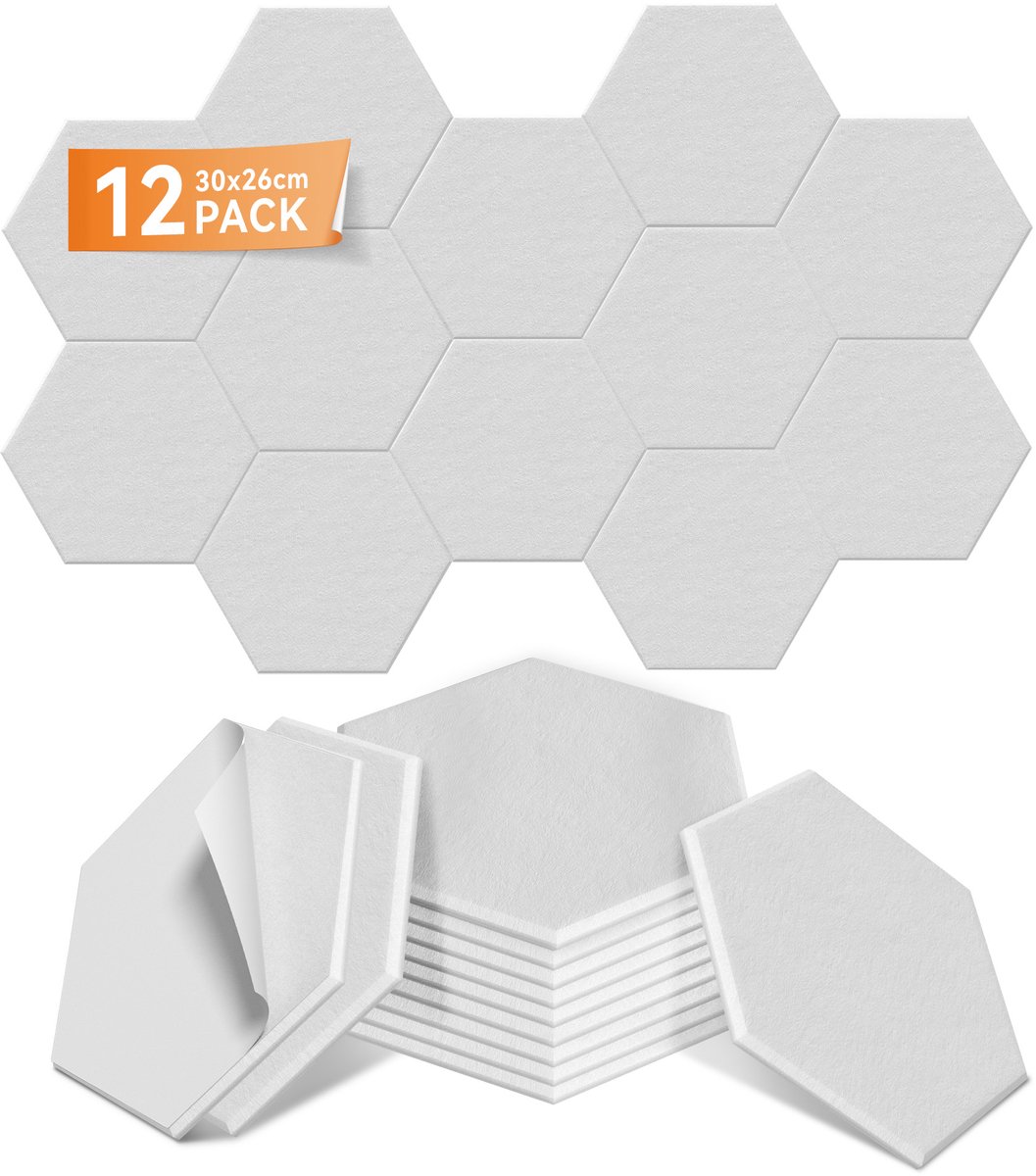 Pak Van 12 - Zeshoekige Zelfklevende Geluidsisolatiepanelen - 30 x 26 cm - Polyestervezel - Geluidsisolatie Wandpanelen - Akoestische Wandbekleding - Voor Studio, Kantoor En Slaapkamer - Wit - NAIZY